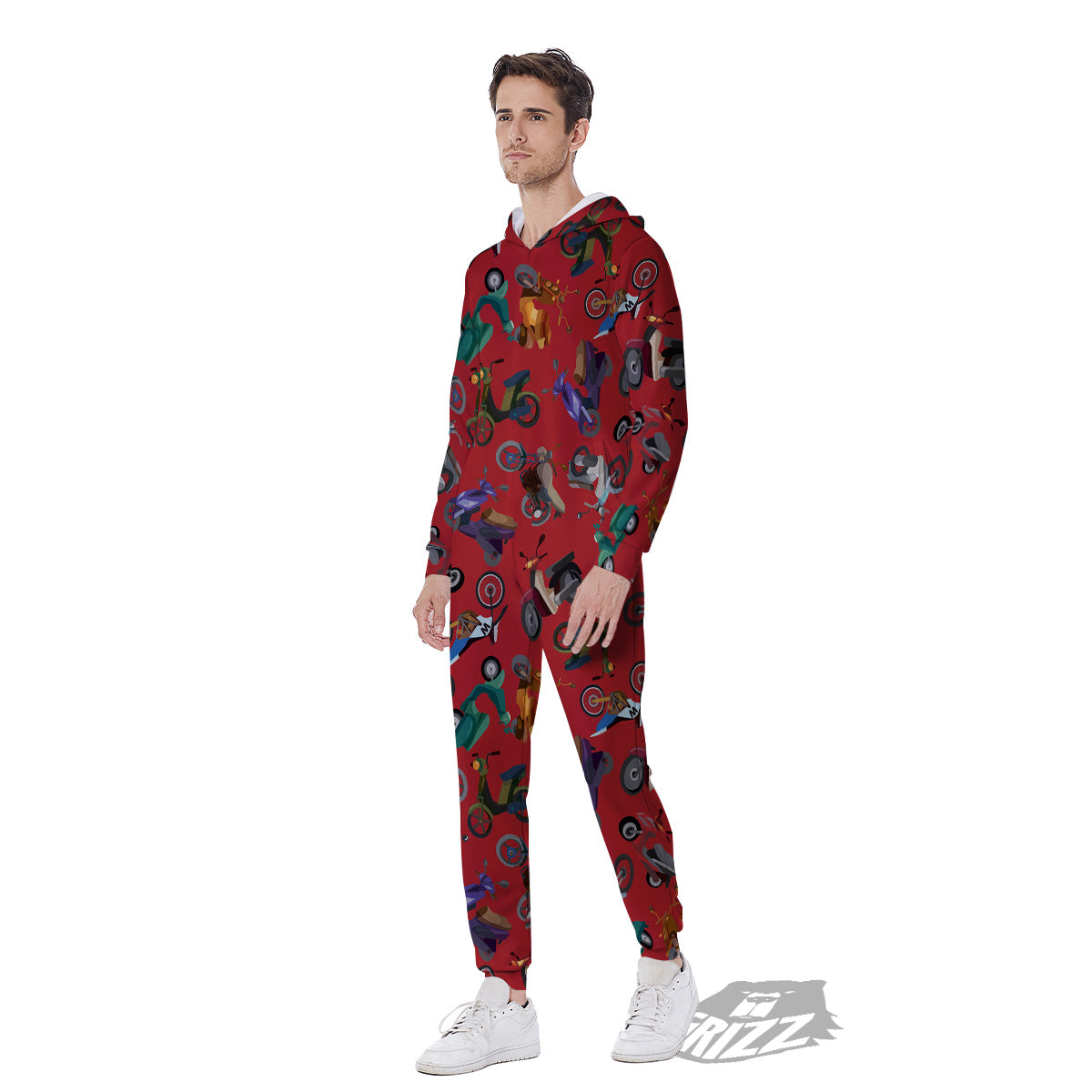 Motorcycle And Red Print Pattern Men's Jumpsuit-grizzshop