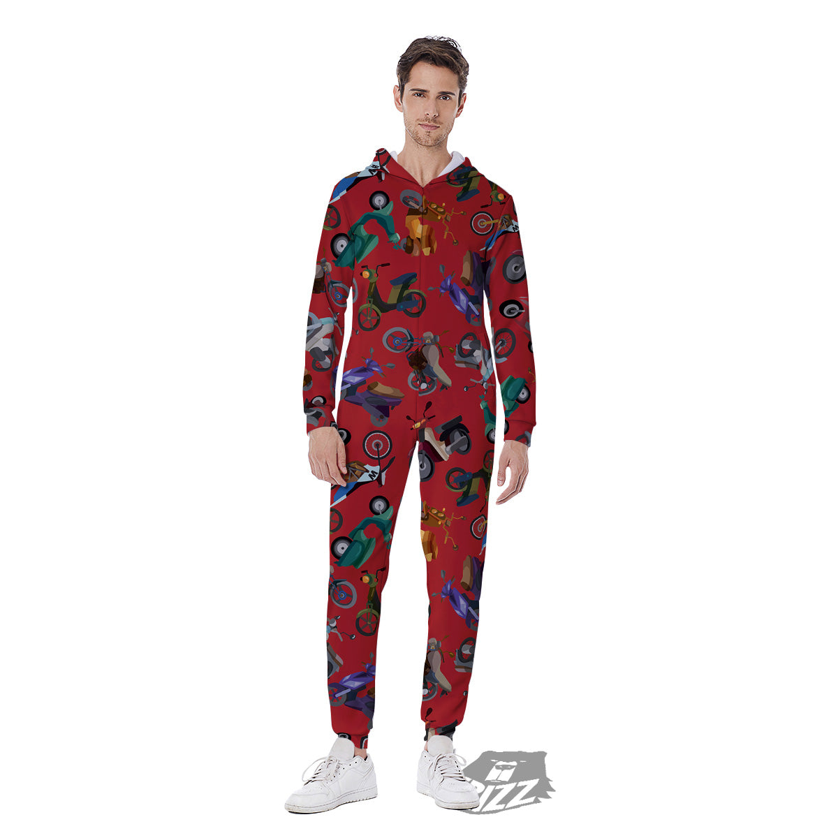 Motorcycle And Red Print Pattern Men's Jumpsuit-grizzshop