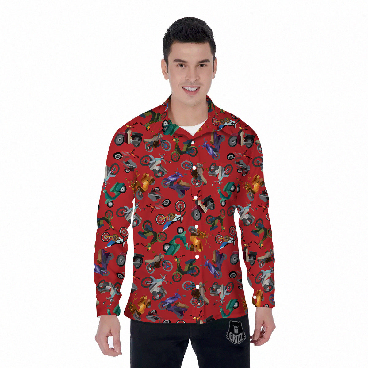 Motorcycle And Red Print Pattern Men's Long Sleeve Shirts-grizzshop