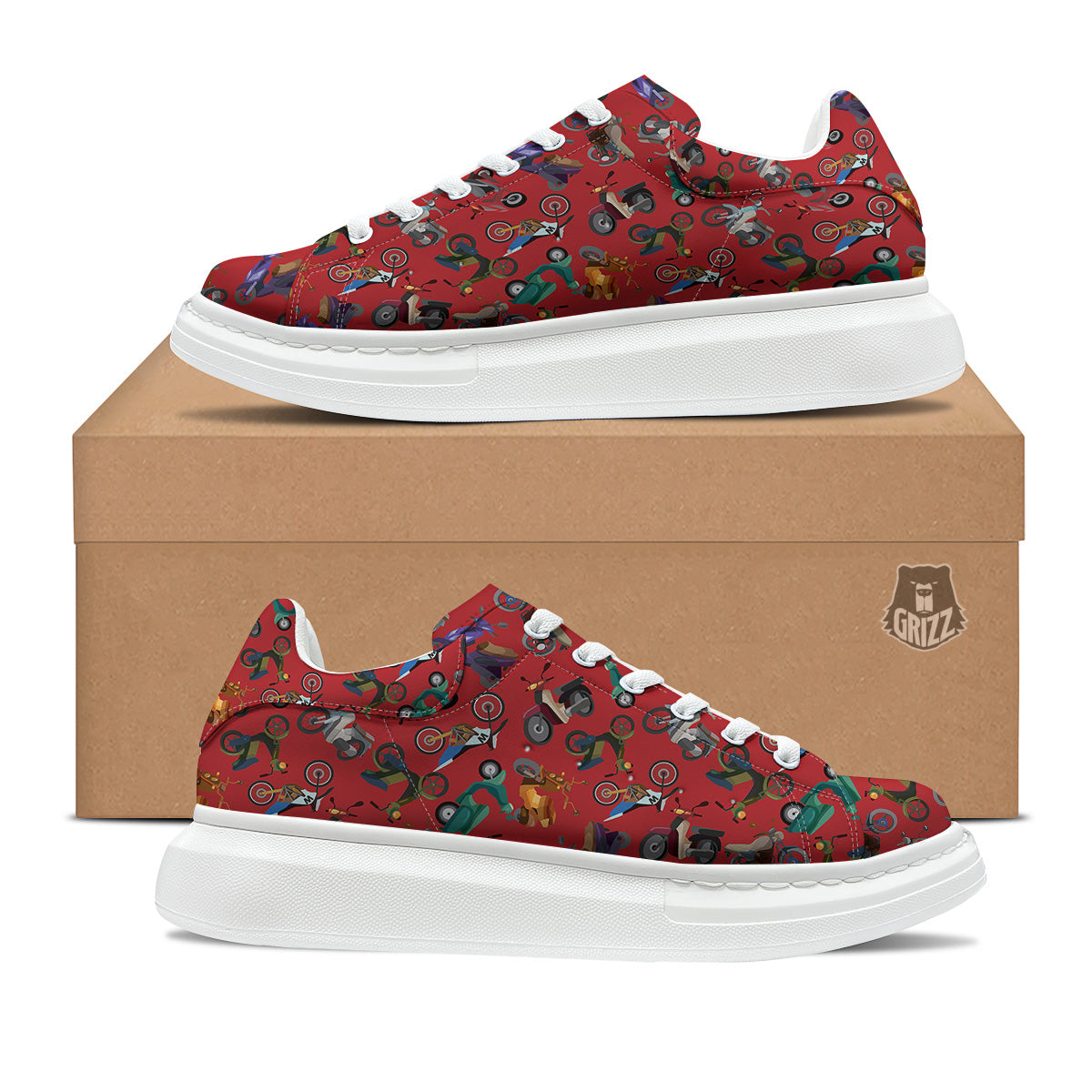 Motorcycle And Red Print Pattern Platform Shoes-grizzshop