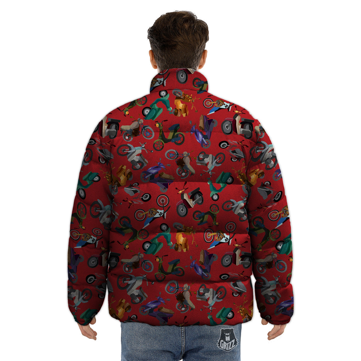 Motorcycle And Red Print Pattern Puffer Jacket-grizzshop
