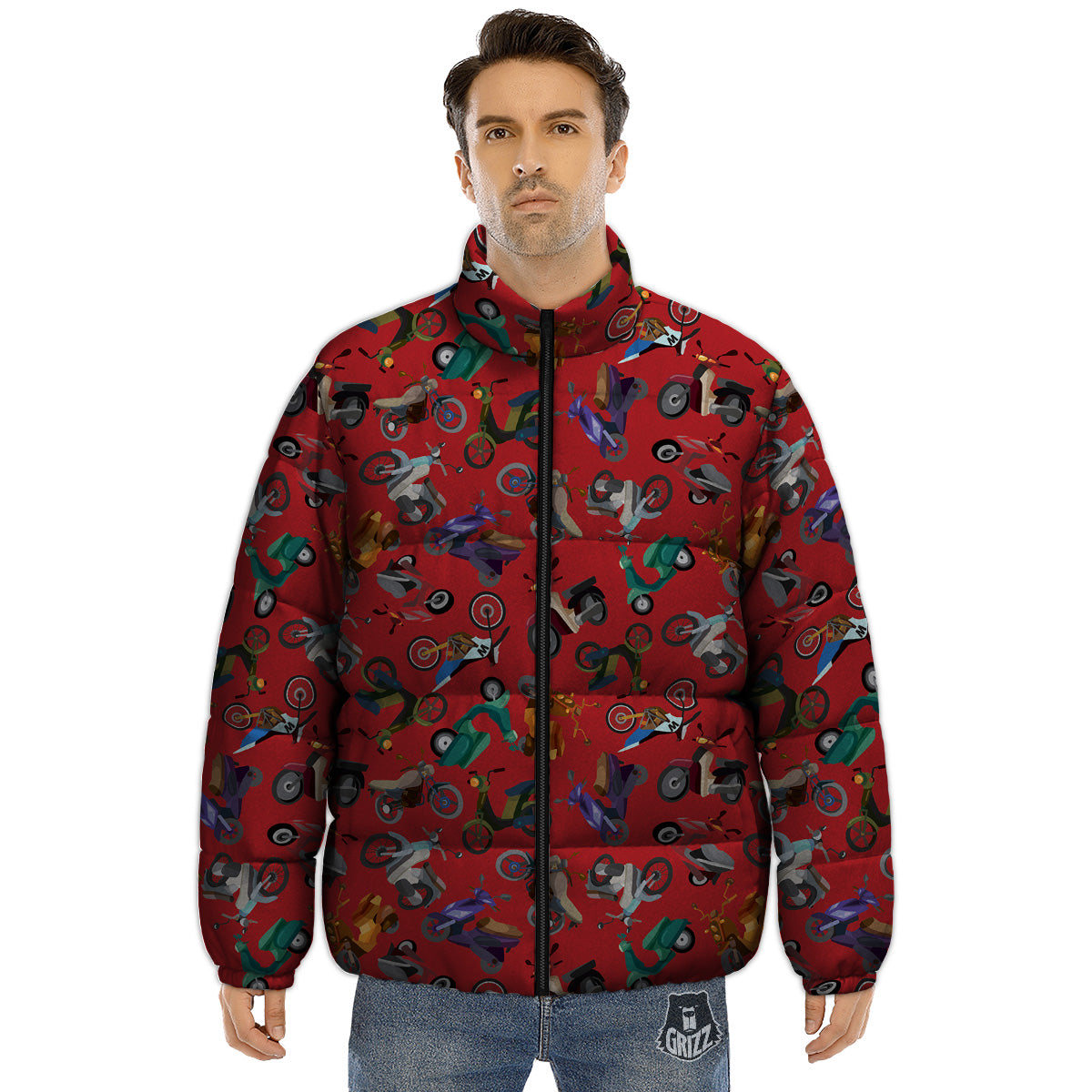 Motorcycle And Red Print Pattern Puffer Jacket-grizzshop