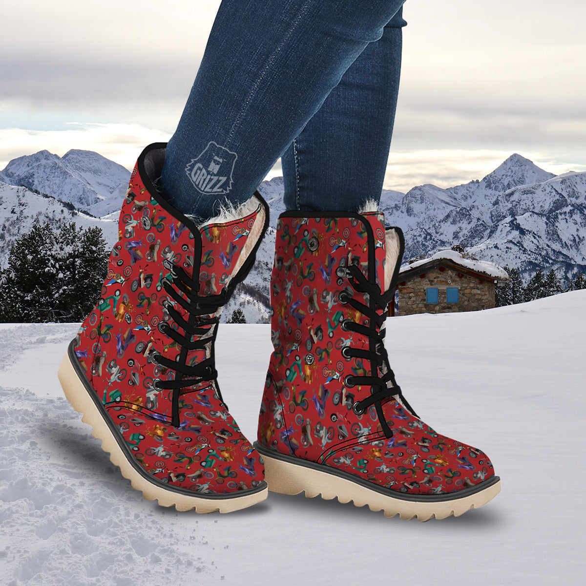 Motorcycle And Red Print Pattern Snow Boots-grizzshop