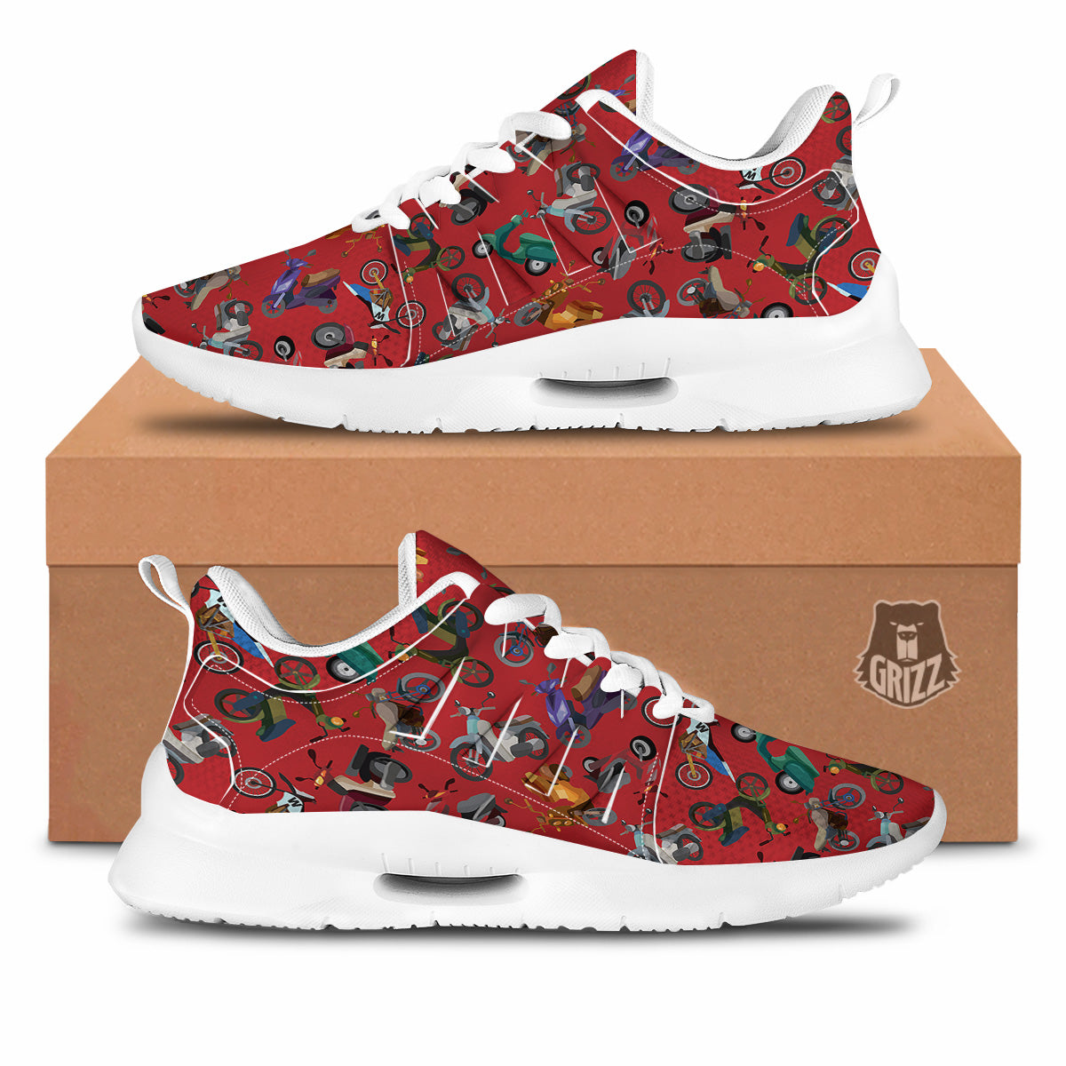 Motorcycle And Red Print Pattern Tennis Shoes-grizzshop