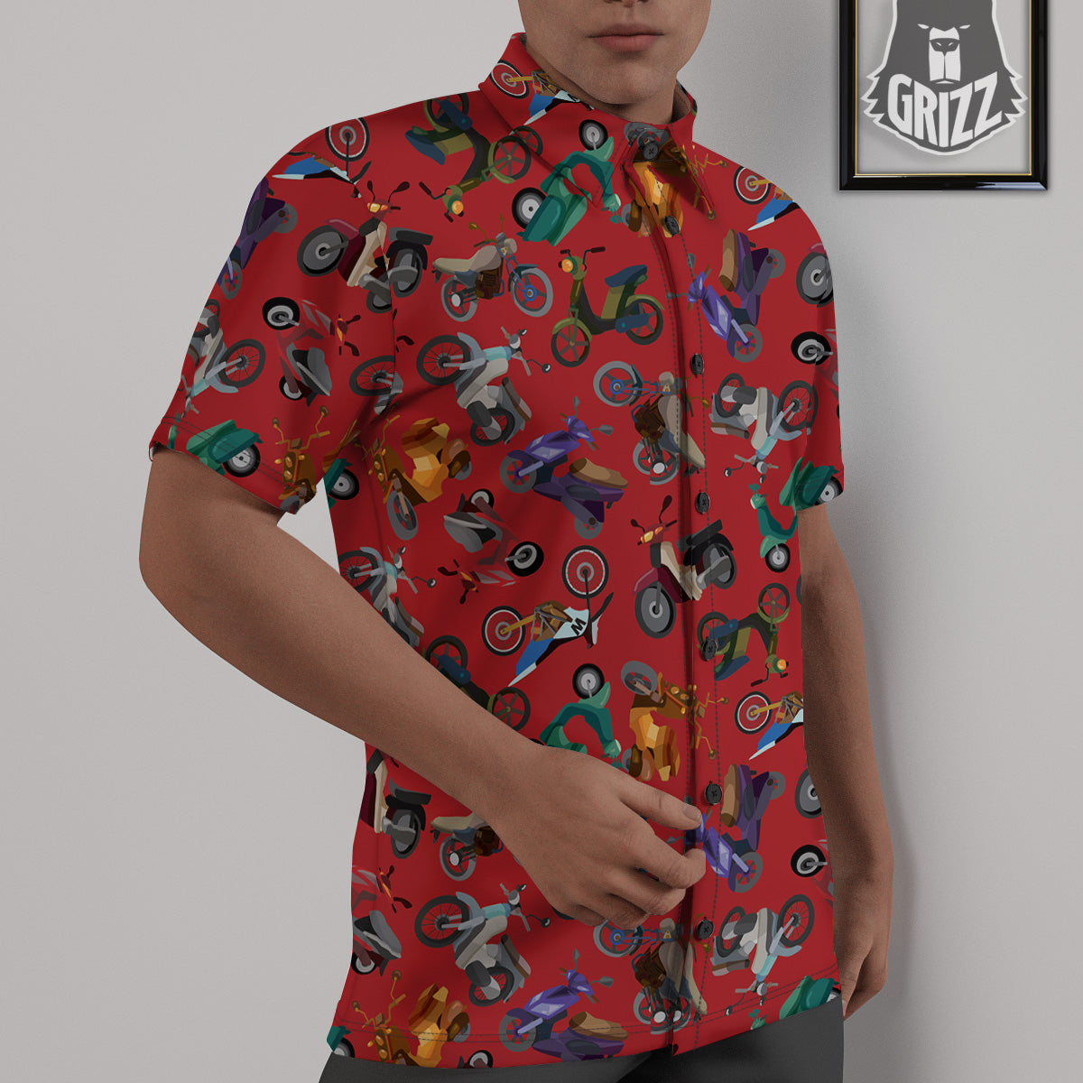 Motorcycle And Red Print Pattern Untucked Shirts-grizzshop