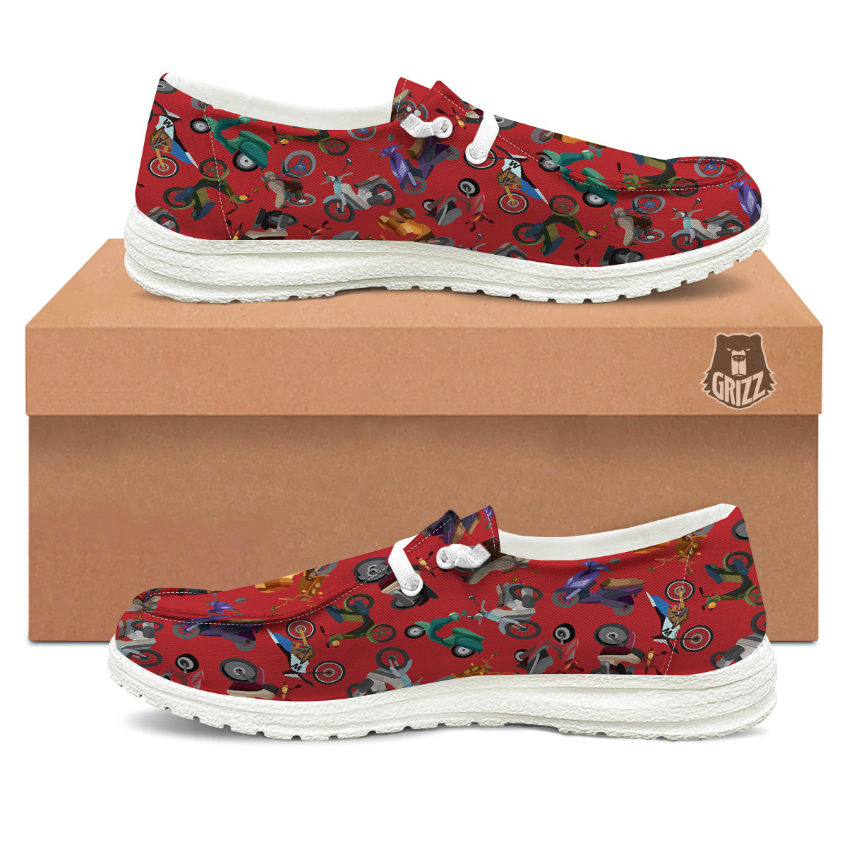 Motorcycle And Red Print Pattern White Loafers-grizzshop