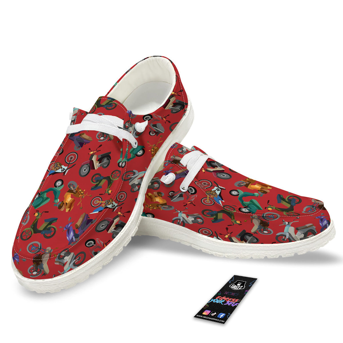 Motorcycle And Red Print Pattern White Loafers-grizzshop