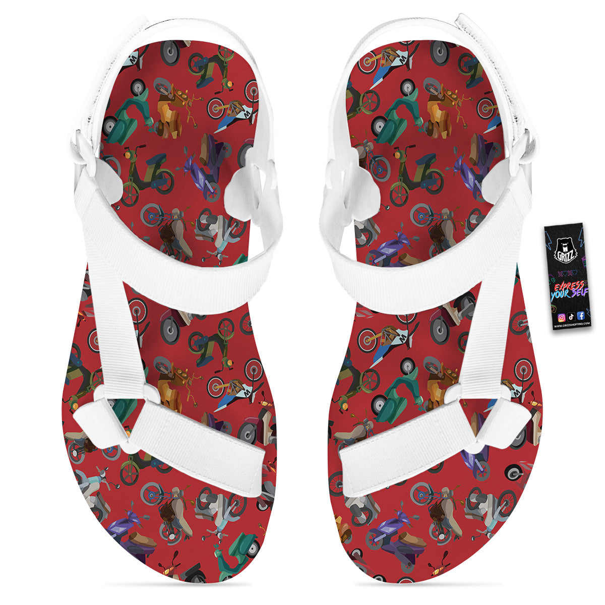 Motorcycle And Red Print Pattern White Open Toe Sandals-grizzshop