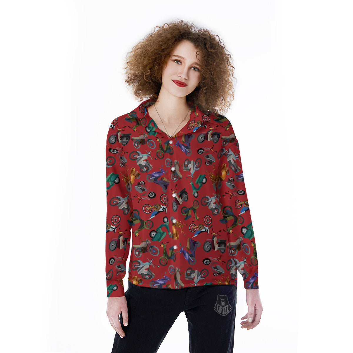 Motorcycle And Red Print Pattern Women's Long Sleeve Shirts-grizzshop