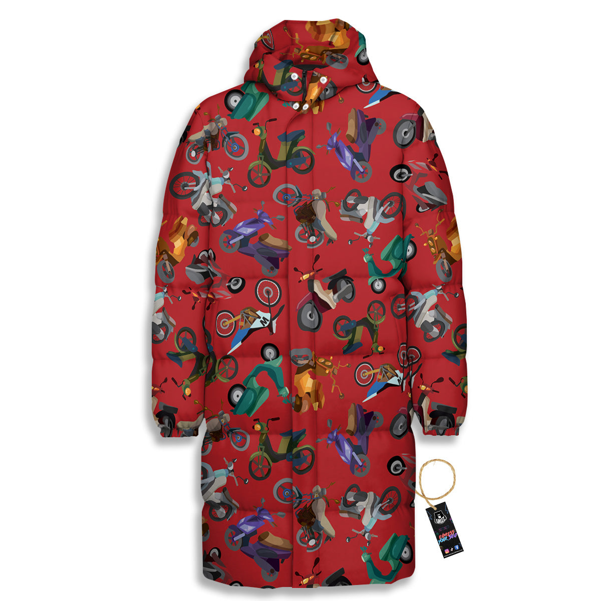 Motorcycle And Red Print Pattern Long Down Jacket
