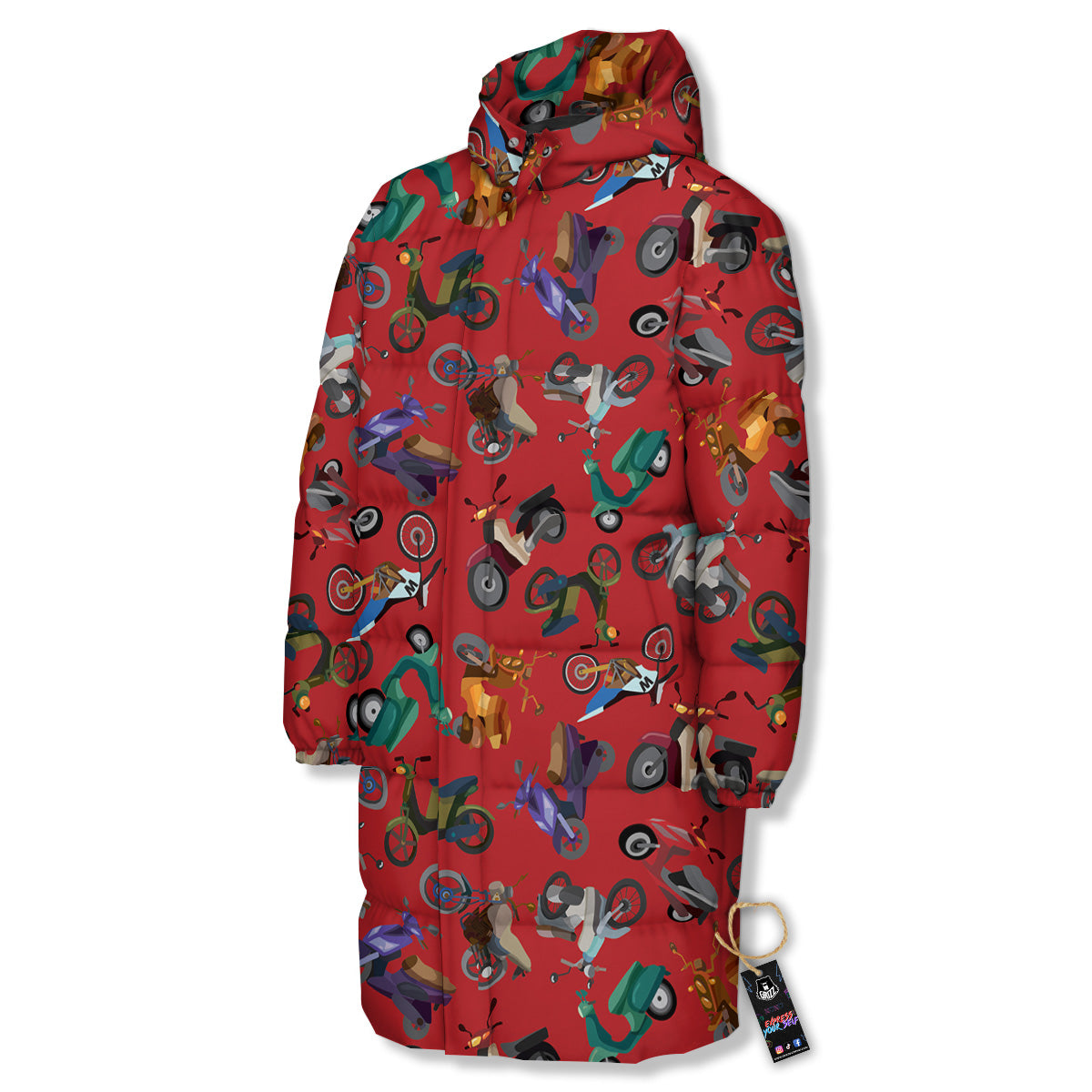Motorcycle And Red Print Pattern Long Down Jacket