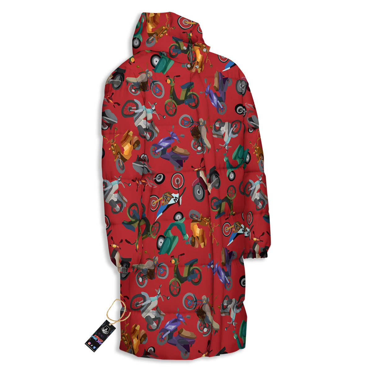 Motorcycle And Red Print Pattern Long Down Jacket