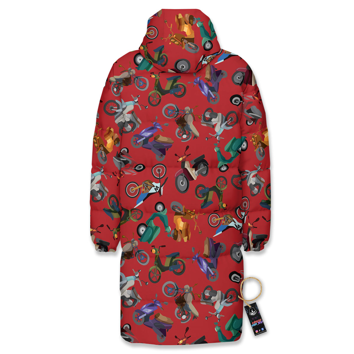 Motorcycle And Red Print Pattern Long Down Jacket