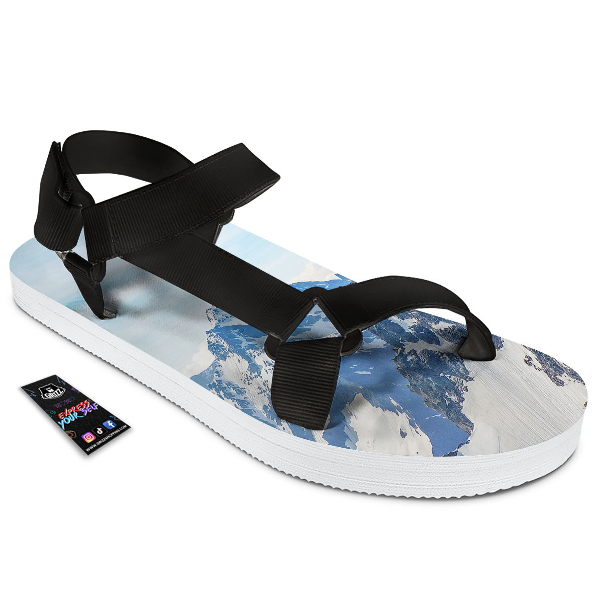 Mountain Alps Print Black Open Toe Sandals-grizzshop