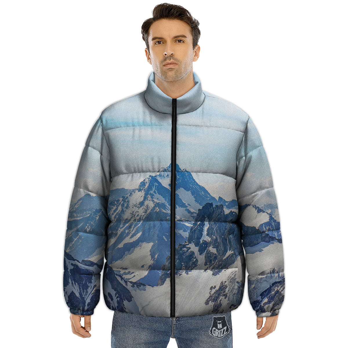 Mountain Alps Print Puffer Jacket-grizzshop