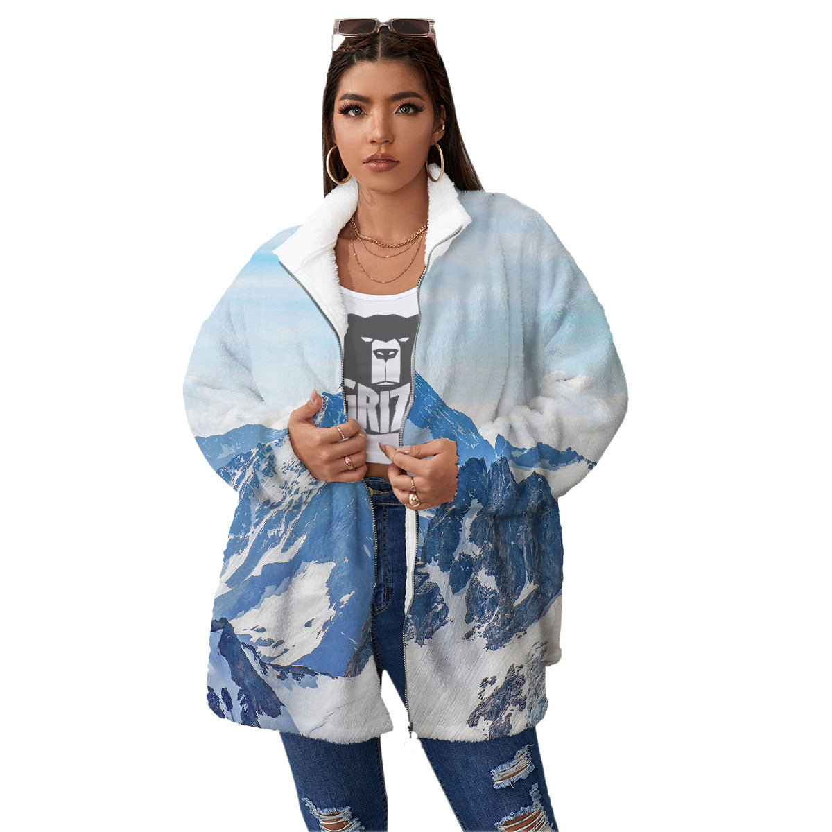 Mountain Alps Print Women's Sherpa Jacket-grizzshop