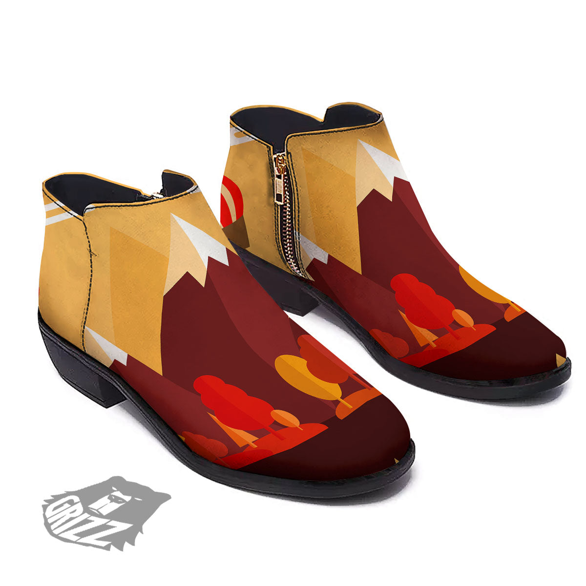 Mountain Autumn Print Ankle Boots-grizzshop