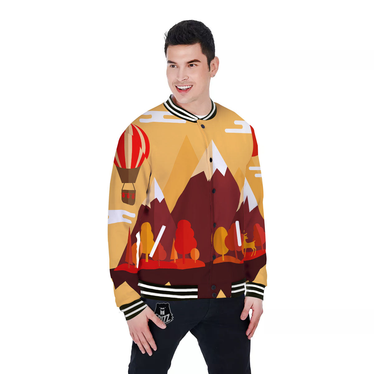 Mountain Autumn Print Baseball Jacket-grizzshop