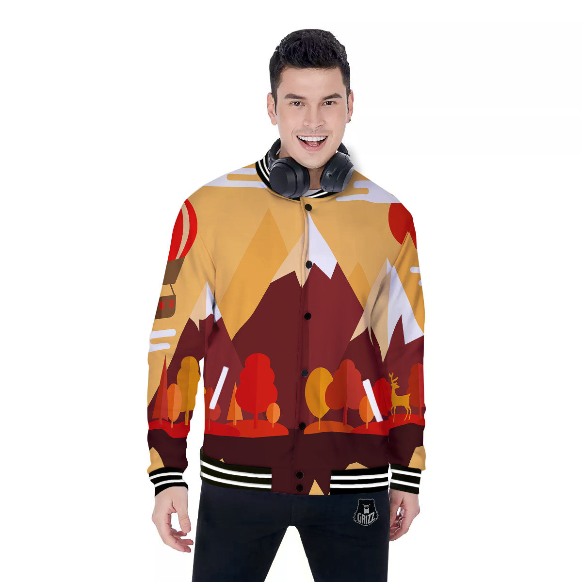 Mountain Autumn Print Baseball Jacket-grizzshop