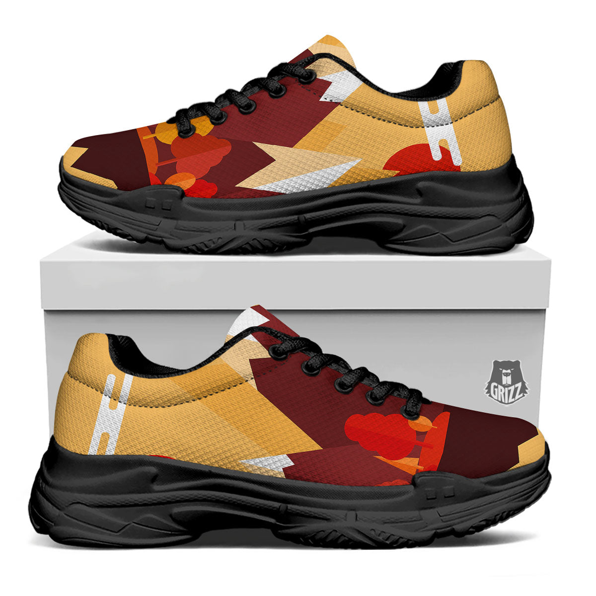 Mountain Autumn Print Black Chunky Shoes-grizzshop