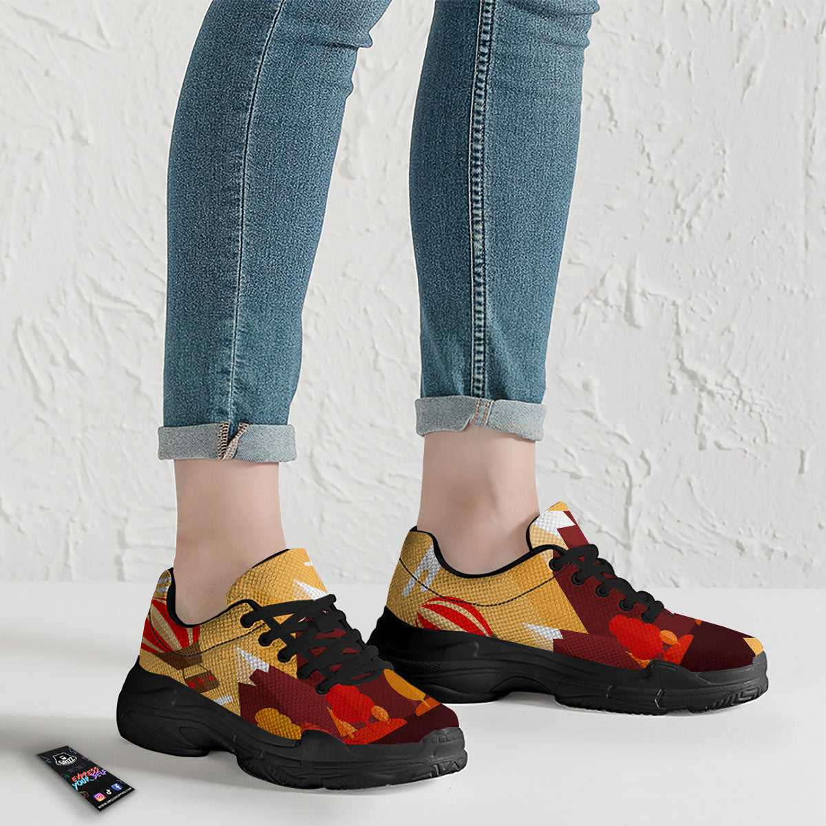 Mountain Autumn Print Black Chunky Shoes-grizzshop