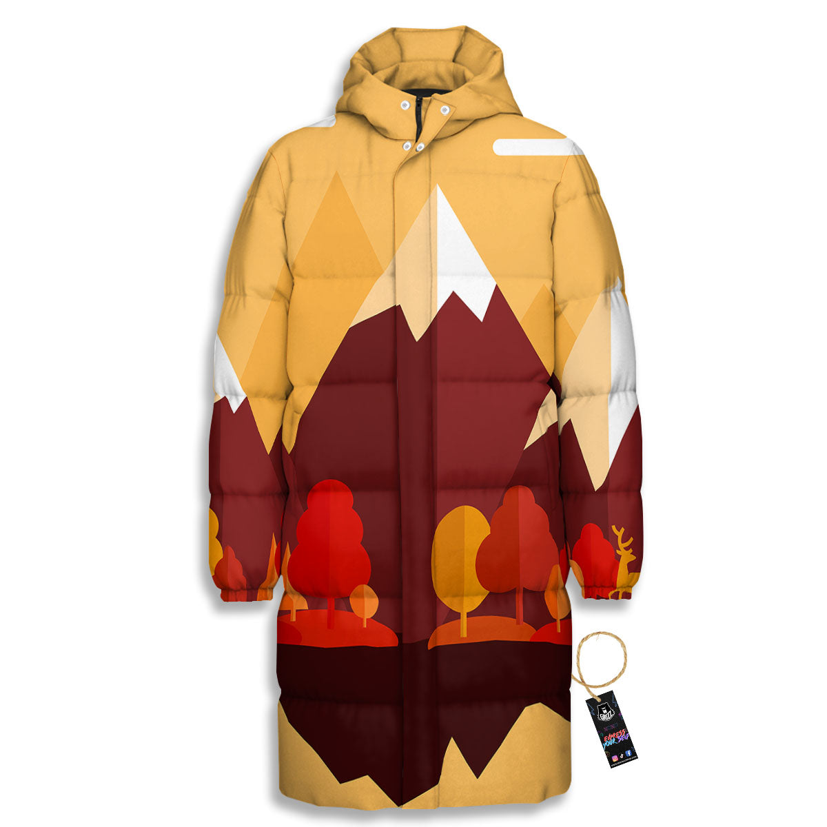 Mountain Autumn Print Long Down Jacket-grizzshop