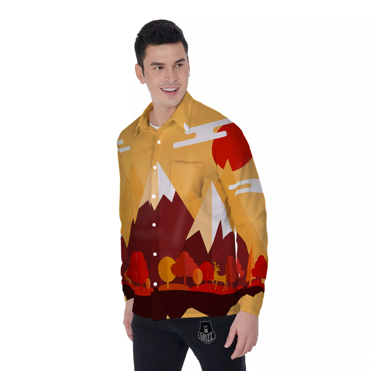 Mountain Autumn Print Men's Long Sleeve Shirts-grizzshop