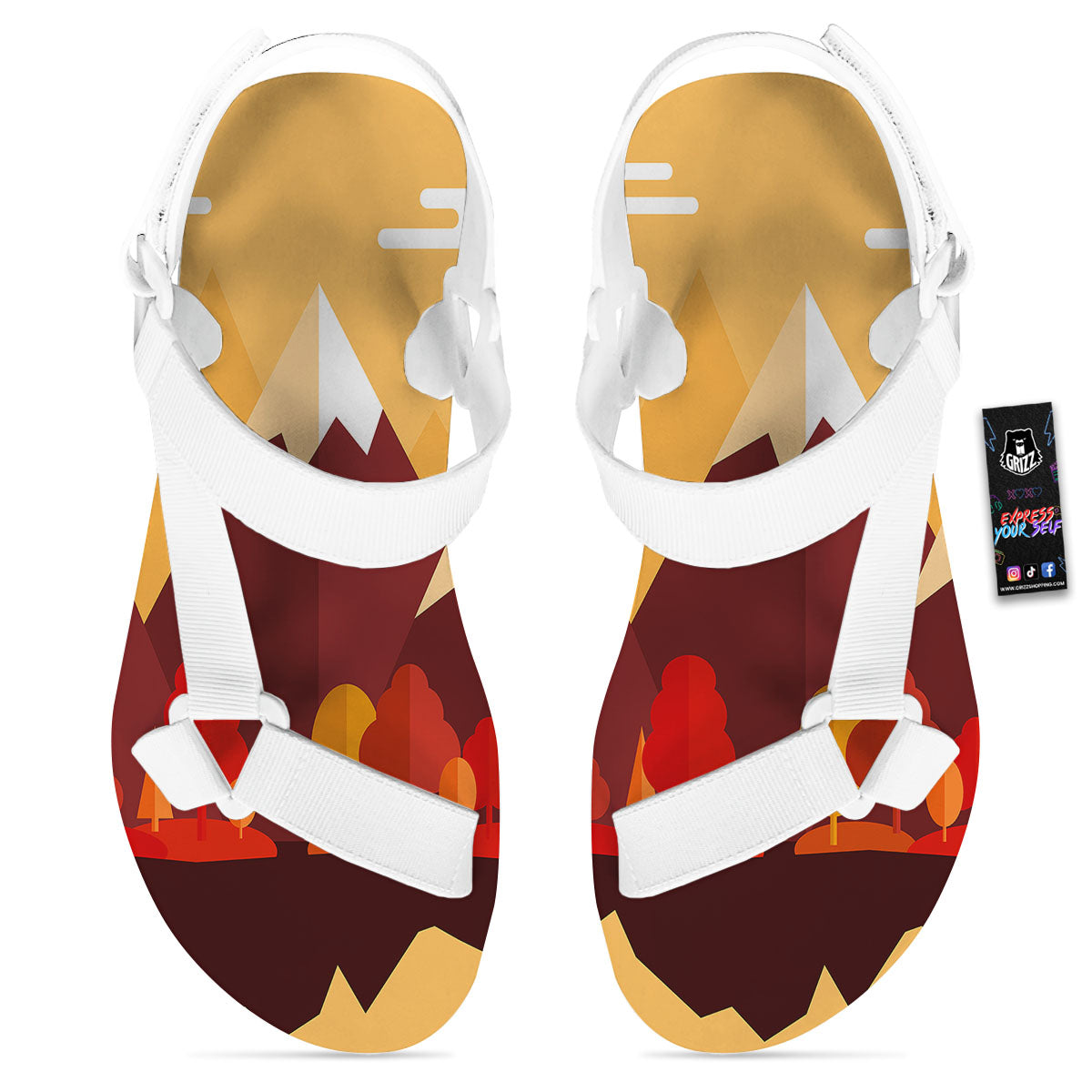 Mountain Autumn Print White Open Toe Sandals-grizzshop