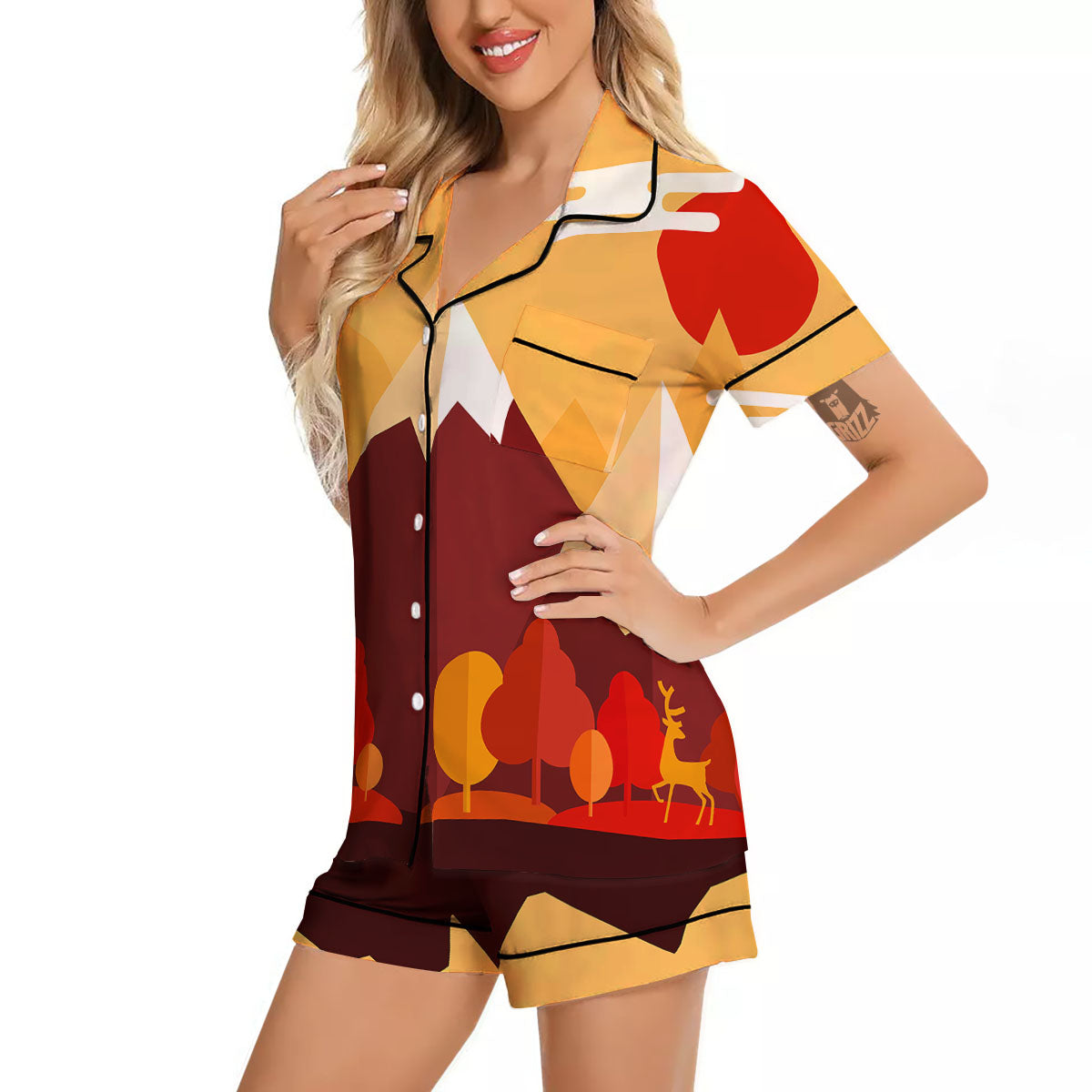 Mountain Autumn Print Women Silk Pajamas-grizzshop