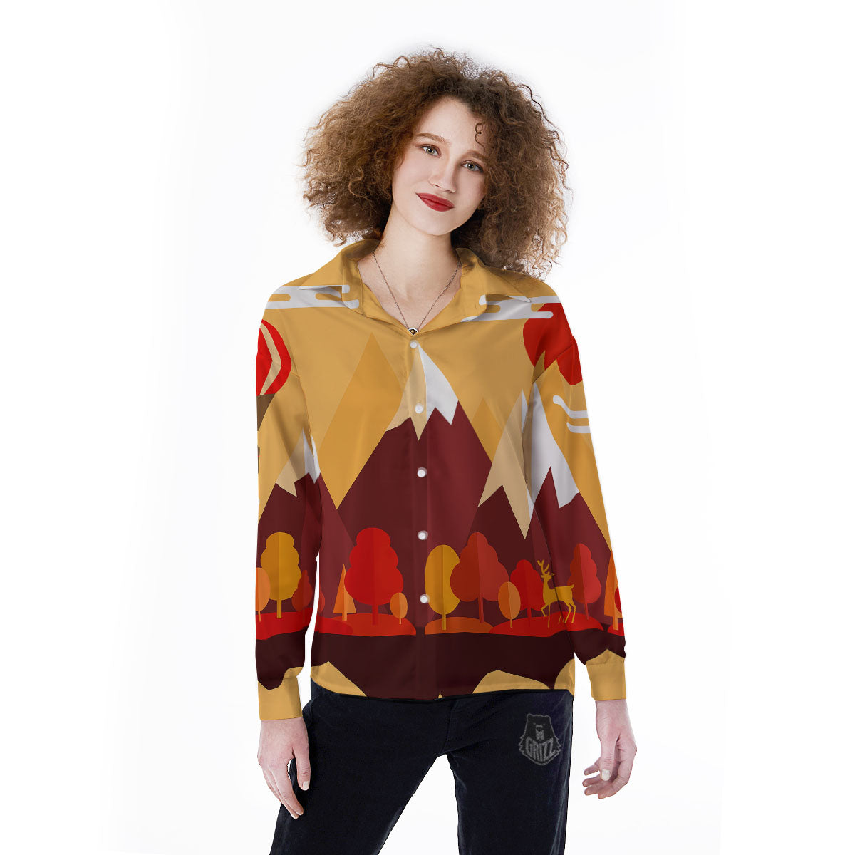 Mountain Autumn Print Women's Long Sleeve Shirts-grizzshop