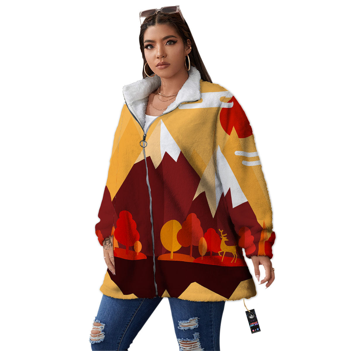 Mountain Autumn Print Women's Sherpa Jacket-grizzshop