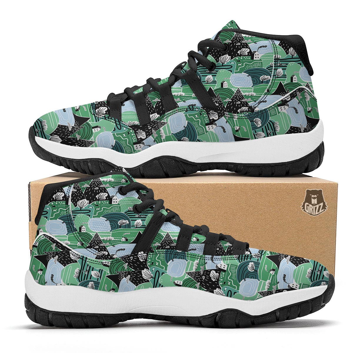 Mountain Cartoon Pattern Print Black Bball Shoes-grizzshop