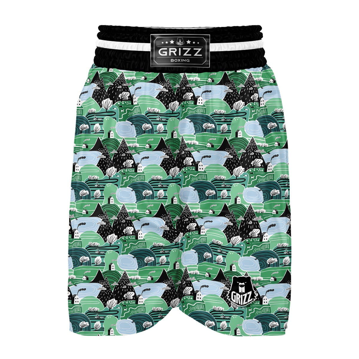 Mountain Cartoon Pattern Print Boxing Shorts-grizzshop
