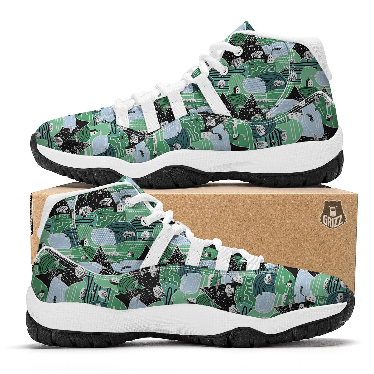 Mountain Cartoon Pattern Print White Bball Shoes-grizzshop
