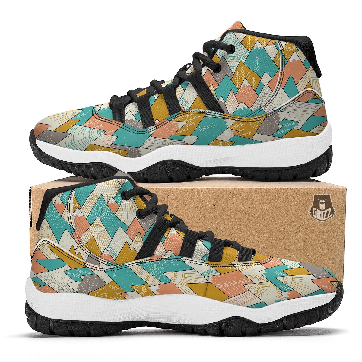 Mountain Colorful Pattern Print Black Bball Shoes-grizzshop
