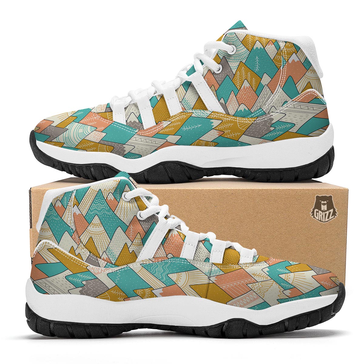 Mountain Colorful Pattern Print White Bball Shoes-grizzshop