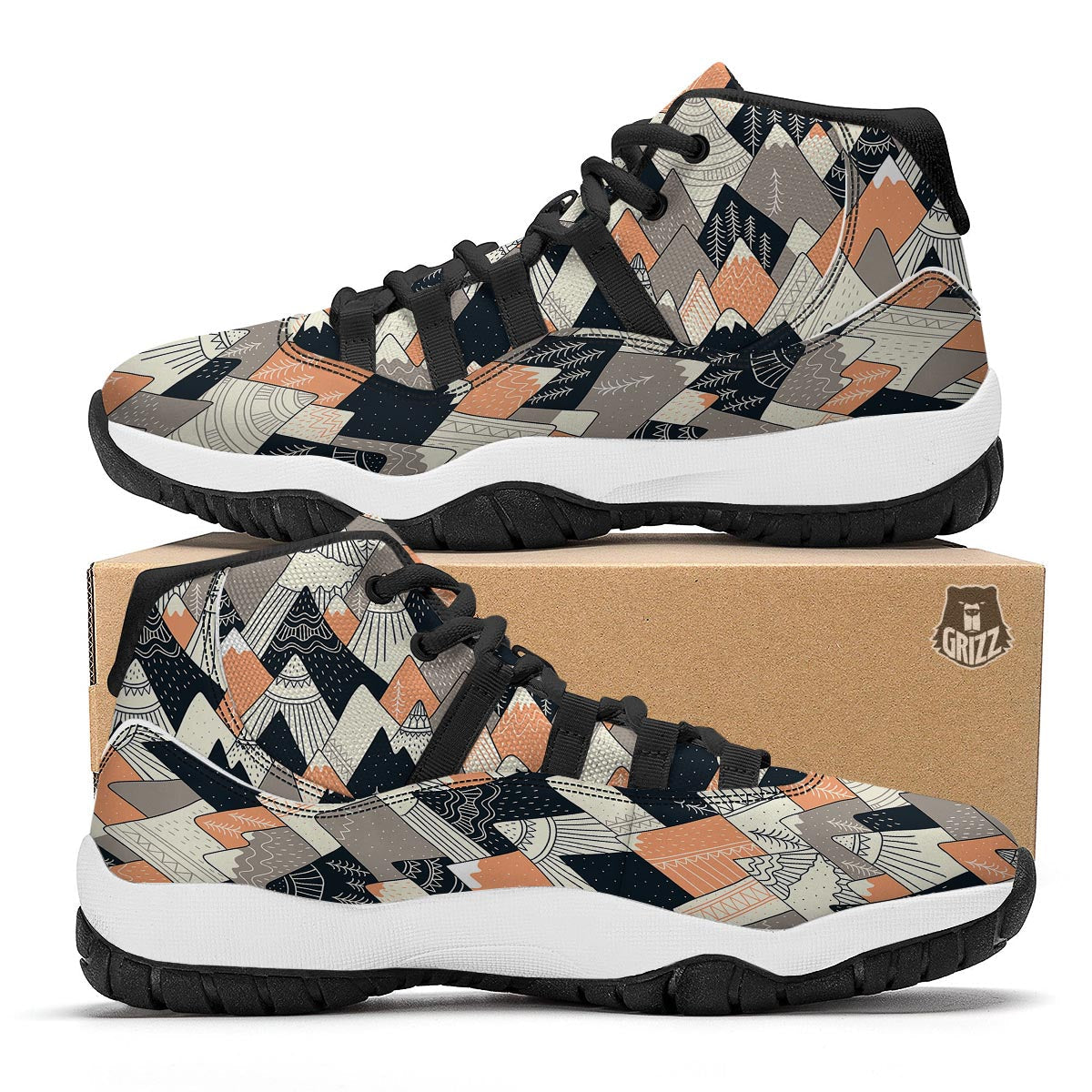 Mountain Pattern Print Black Bball Shoes-grizzshop