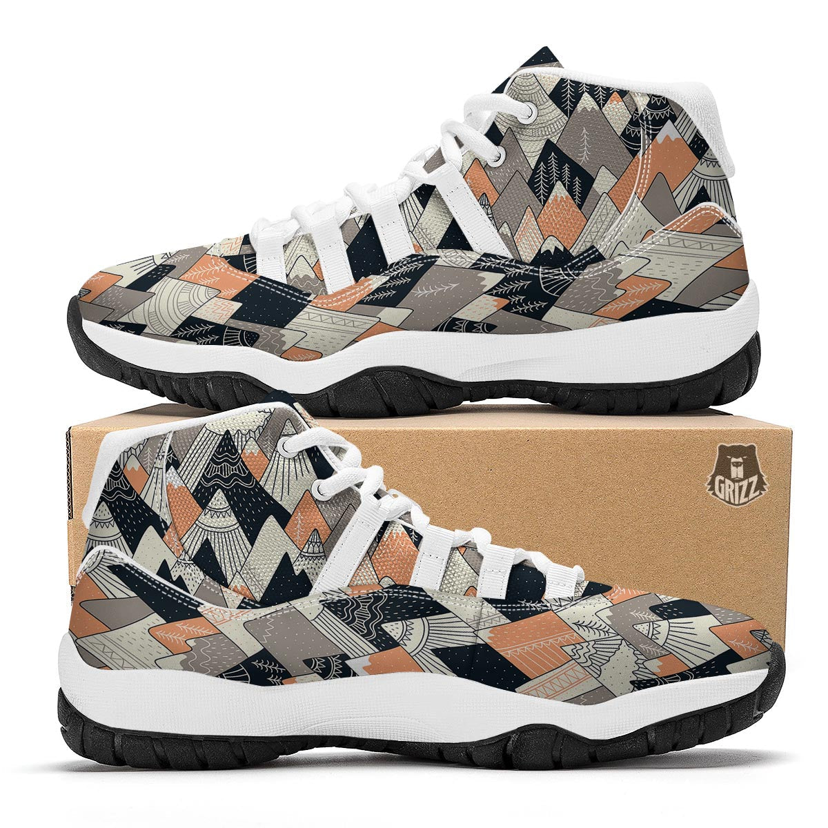 Mountain Pattern Print White Bball Shoes-grizzshop