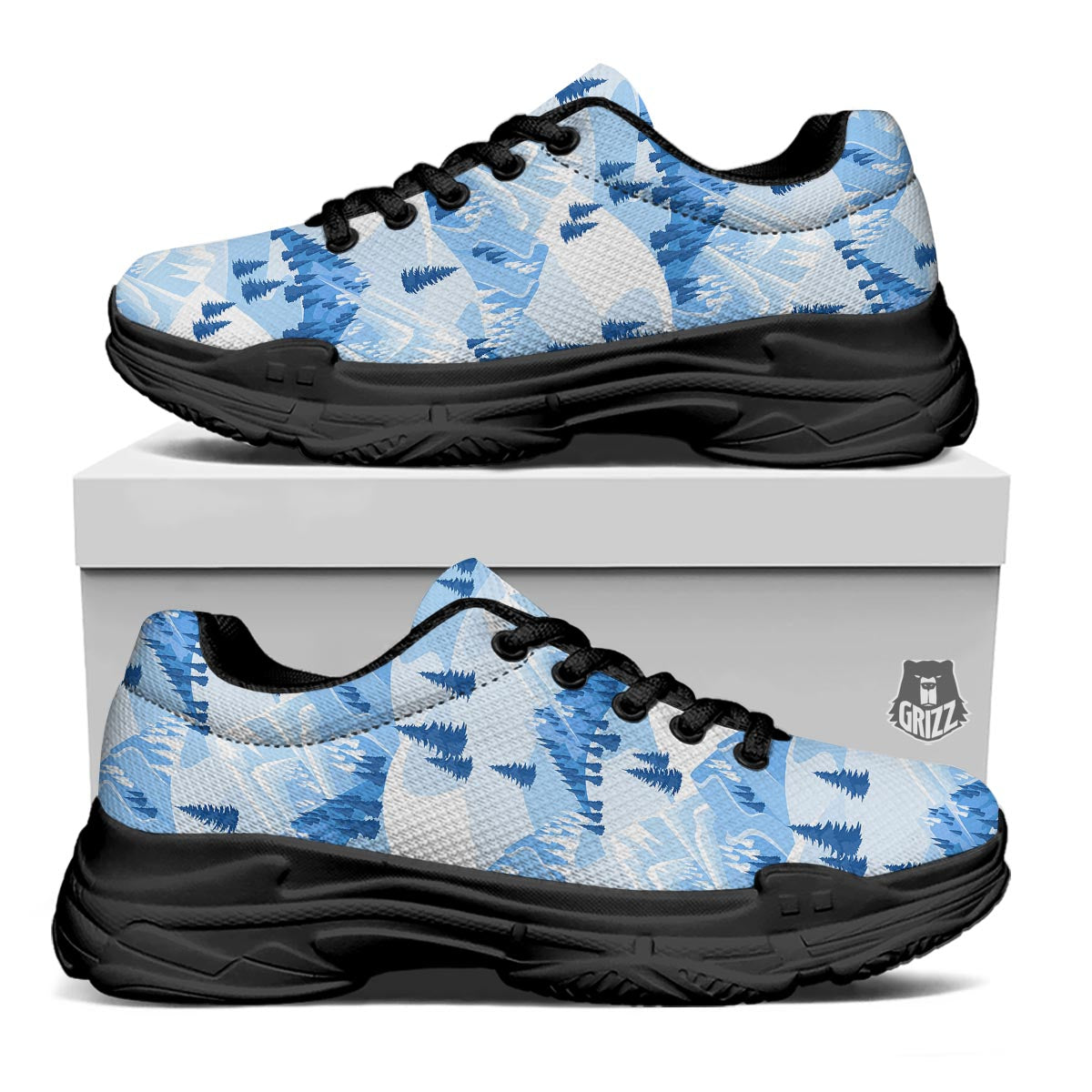 Mountain Skiing Print Pattern Black Chunky Shoes-grizzshop