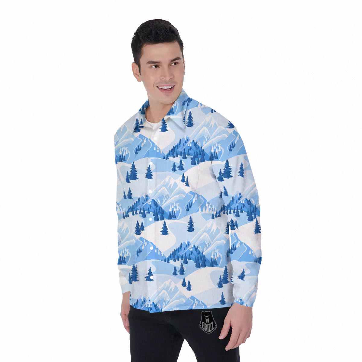 Mountain Skiing Print Pattern Men's Long Sleeve Shirts-grizzshop