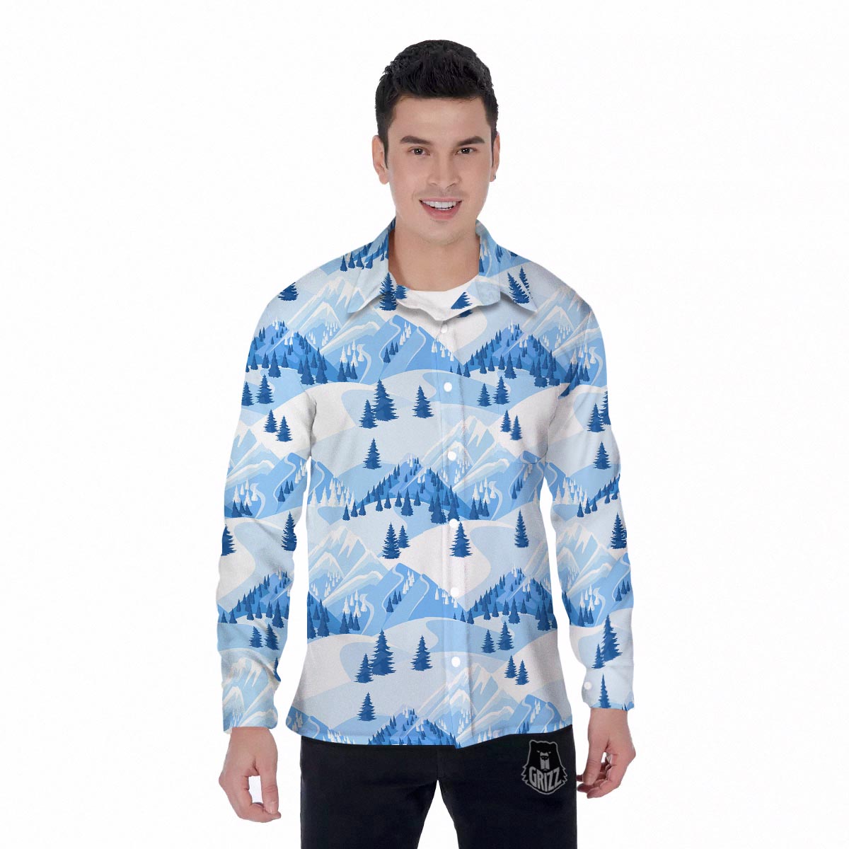 Mountain Skiing Print Pattern Men's Long Sleeve Shirts-grizzshop