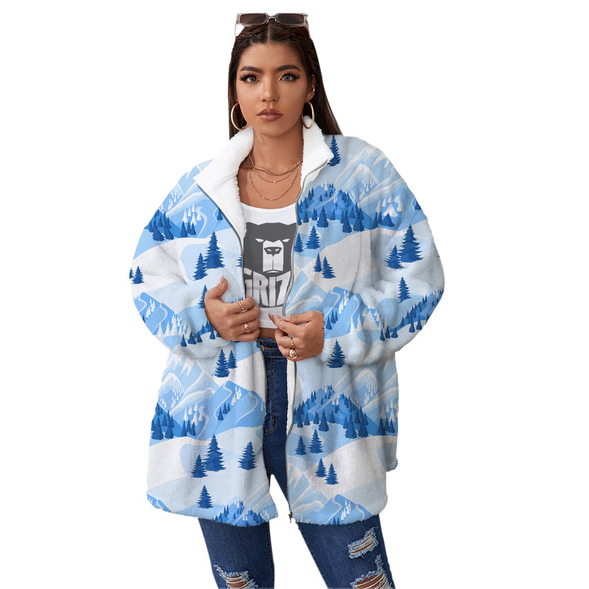 Mountain Skiing Print Pattern Women's Sherpa Jacket-grizzshop