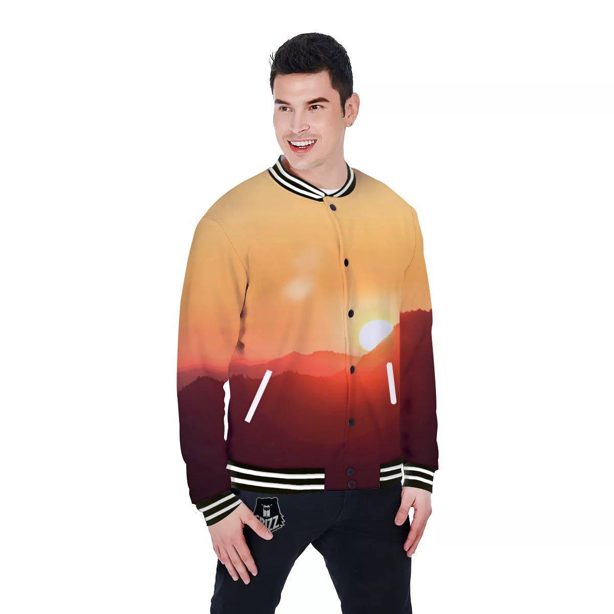 Mountain Sunrise Print Baseball Jacket-grizzshop