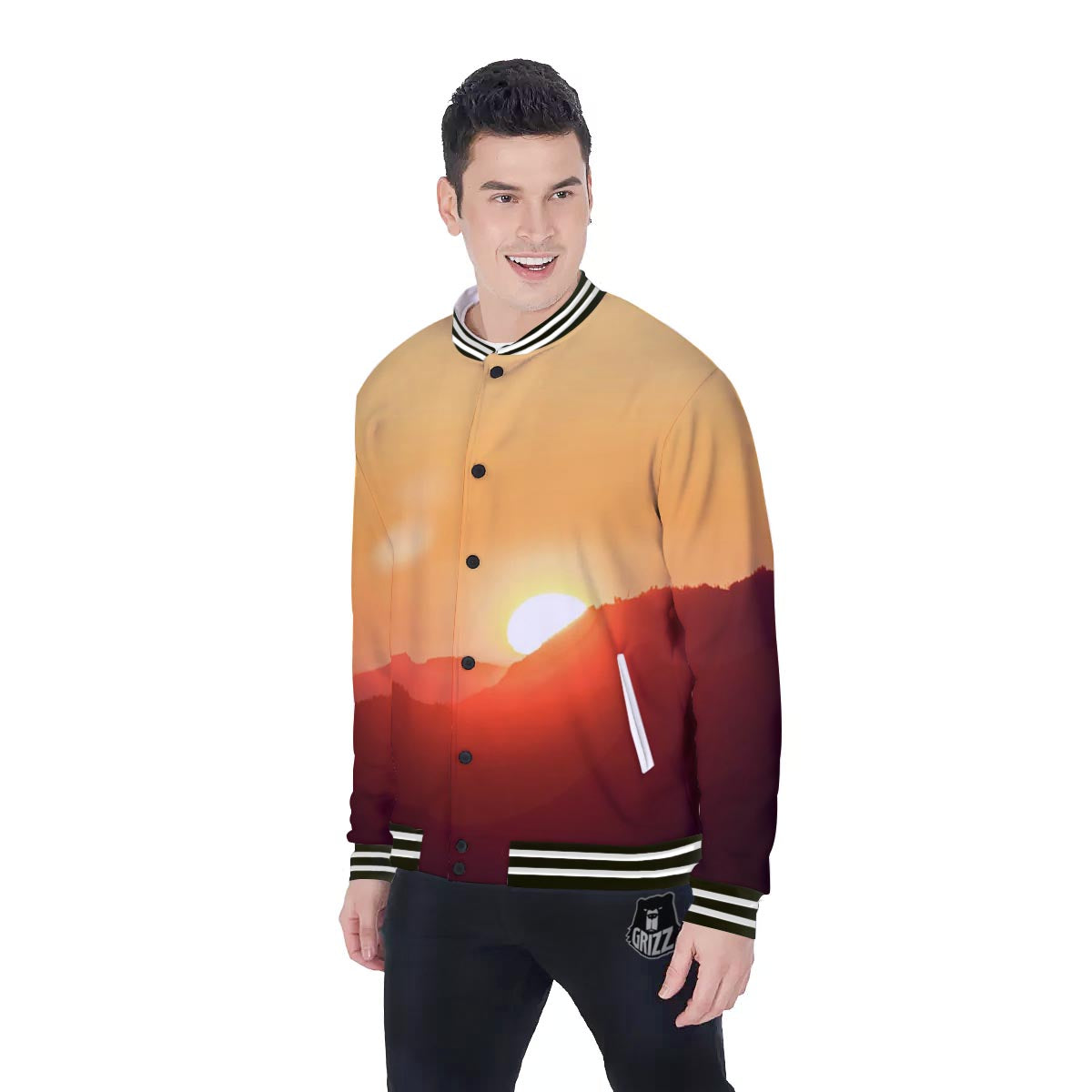 Mountain Sunrise Print Baseball Jacket-grizzshop