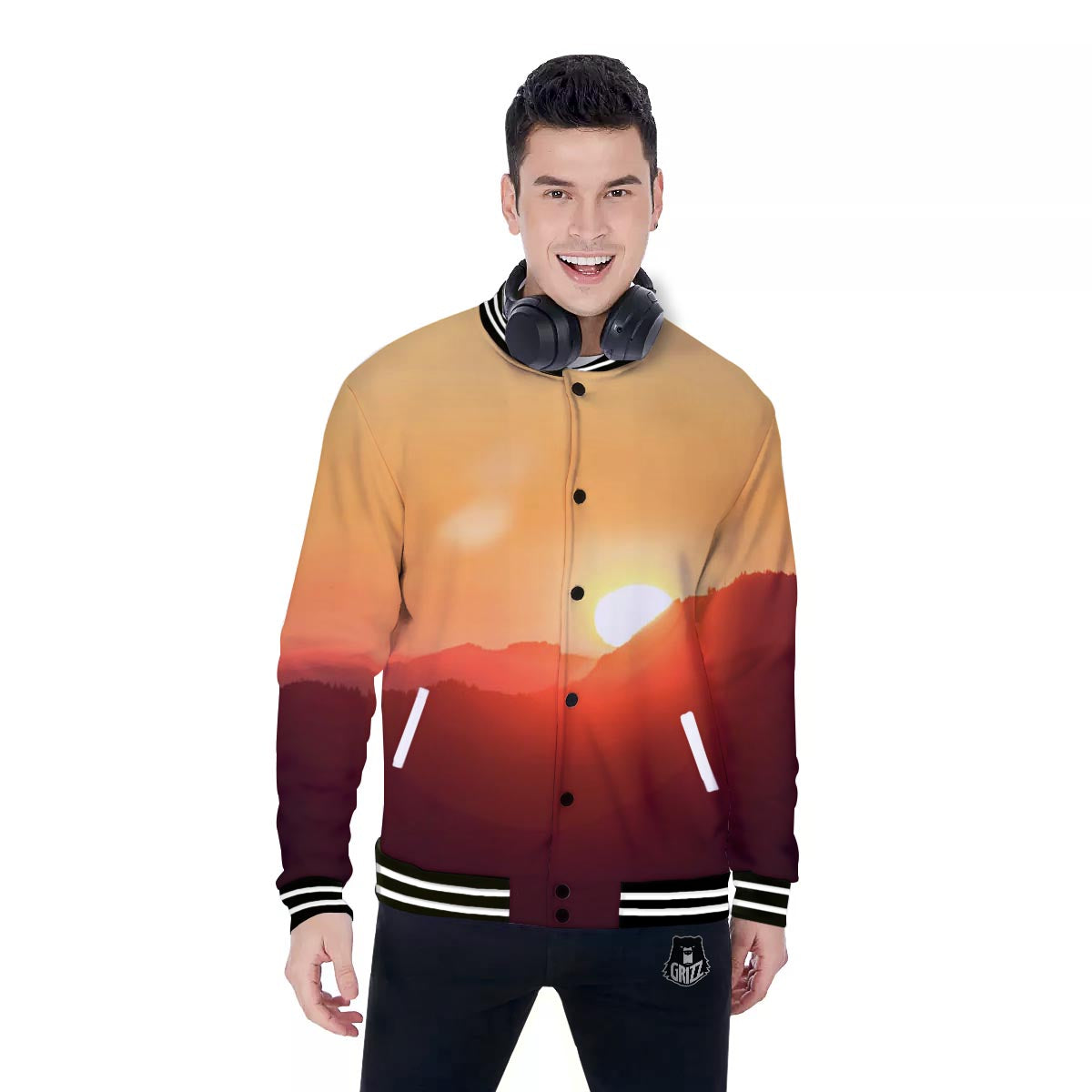 Mountain Sunrise Print Baseball Jacket-grizzshop
