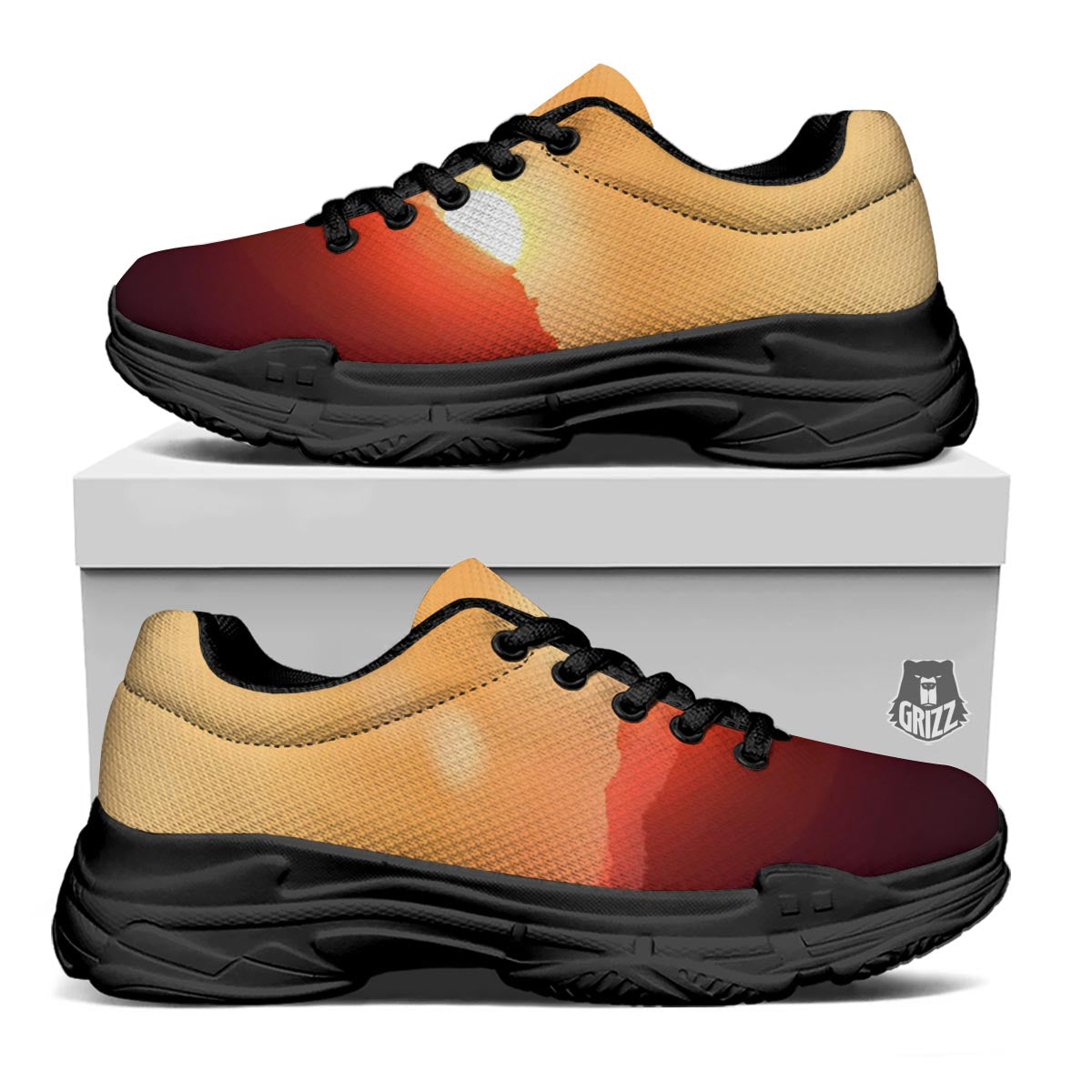 Mountain Sunrise Print Black Chunky Shoes-grizzshop