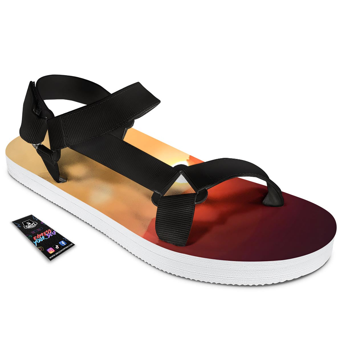 Mountain Sunrise Print Black Open Toe Sandals-grizzshop