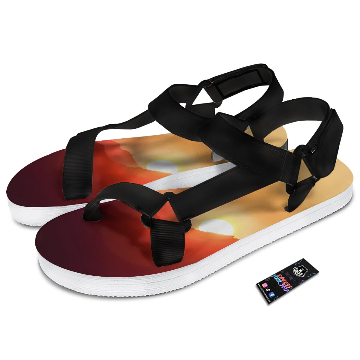 Mountain Sunrise Print Black Open Toe Sandals-grizzshop