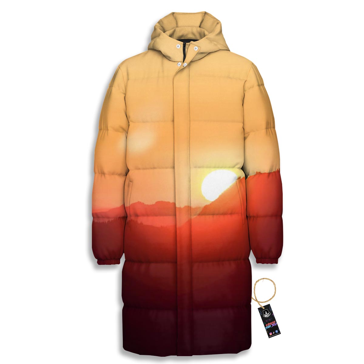 Mountain Sunrise Print Long Down Jacket-grizzshop