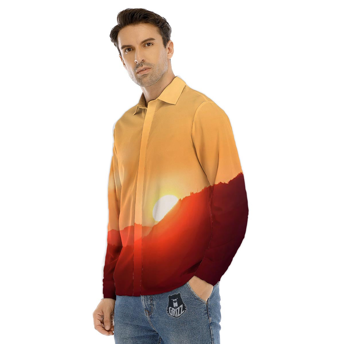 Mountain Sunrise Print Men's Dress Shirts-grizzshop